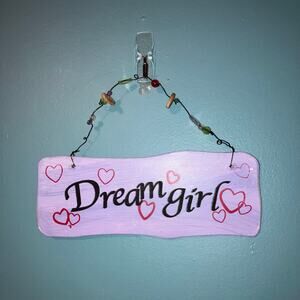 Y2K purple dream girl hanging sign with hearts, fairy romantic coquette whimsy
